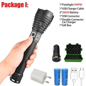 T20 Super Bright XHP90/XHP70 LED Flashlight High Lumens Zoomable Rechargeable Power Display Powerful Torch 26650 Handheld Light (Emitting Color: XHP90-I)