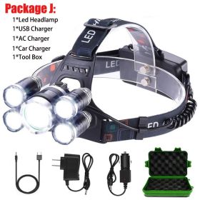 T20 LED Headlamp High Lumen 3/5 LED Light Ultra Bright Headlight USB Rechargeable 4 Modes Flashlight Waterproof Fishing Hunting (Emitting Color: 5LED Package J)