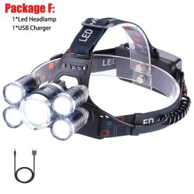 T20 LED Headlamp High Lumen 3/5 LED Light Ultra Bright Headlight USB Rechargeable 4 Modes Flashlight Waterproof Fishing Hunting (Emitting Color: 5LED Package F)