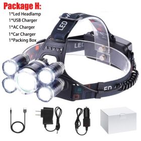 T20 LED Headlamp High Lumen 3/5 LED Light Ultra Bright Headlight USB Rechargeable 4 Modes Flashlight Waterproof Fishing Hunting (Emitting Color: 5LED Package H)