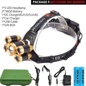 ZK25 LED Powerful Headlight headlamp 5LED Lamp Head Lamp 8000lumens Torch head light 18650 battery Best For Camping/fishing (Emitting Color: option F)