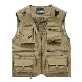 2024 Summer Men US Tactical Hiking Fishing Vest Mens 14 Pockets Photographer Waistcoat Mesh Sleeveless Jacket Fishing Vest 6XL (Color: Khaki)