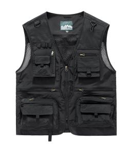 2024 Summer Men US Tactical Hiking Fishing Vest Mens 14 Pockets Photographer Waistcoat Mesh Sleeveless Jacket Fishing Vest 6XL (Color: Black)