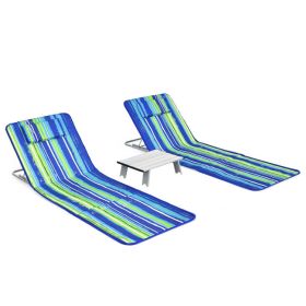 3 Pieces Beach Lounge Chair Mat Set 2 Adjustable Lounge Chairs with Table Stripe (Color: Blue & Green)