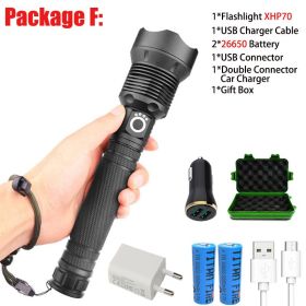 T20 Super Bright XHP90/XHP70 LED Flashlight High Lumens Zoomable Rechargeable Power Display Powerful Torch 26650 Handheld Light (Emitting Color: XHP70-F)