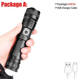 T20 Super Bright XHP90/XHP70 LED Flashlight High Lumens Zoomable Rechargeable Power Display Powerful Torch 26650 Handheld Light (Emitting Color: XHP50-A)